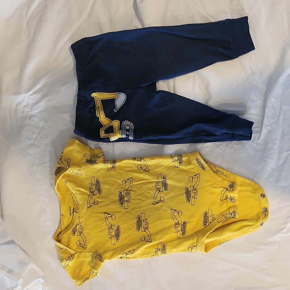 Carter's 9m onsie and matching pants digger set.